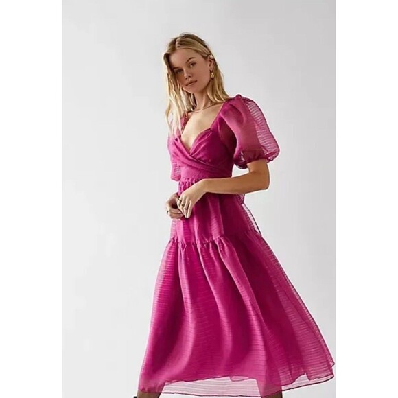 Free People Dress Women Pink Hailey Maxi Balloon Sleeves Tie Preppy Size 2 NWT - Picture 2 of 16